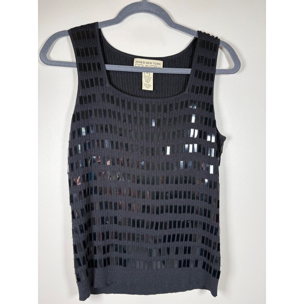 Jones New York Country‎ Vintage Black Silk Cotton Sequin Ribbed Knit Tank Top M